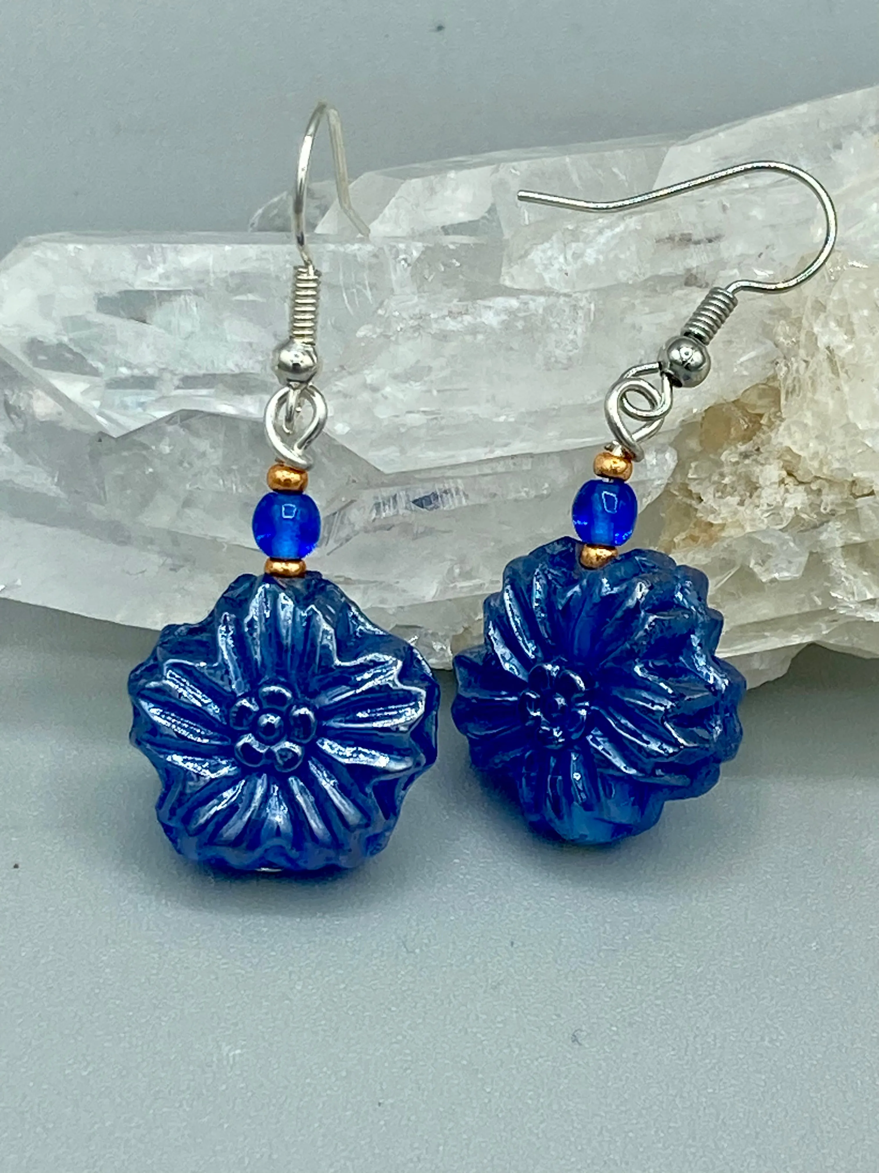 Dark Blue Violet Floral Pressed Glass Beaded Earrings, Hippie Vibe, Shabby Chic, Boho Chic, Nature Inspired, Bohemian