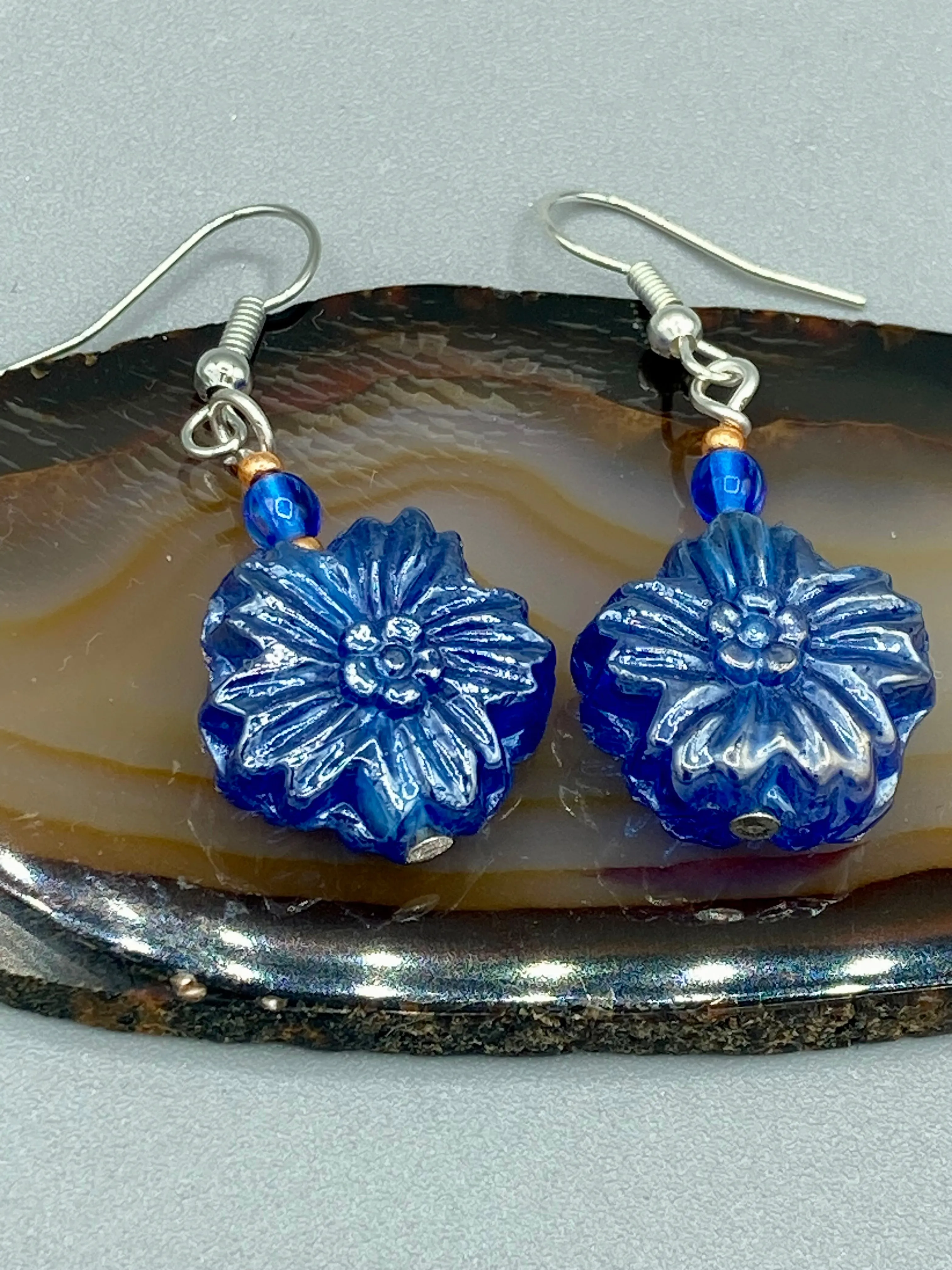 Dark Blue Violet Floral Pressed Glass Beaded Earrings, Hippie Vibe, Shabby Chic, Boho Chic, Nature Inspired, Bohemian