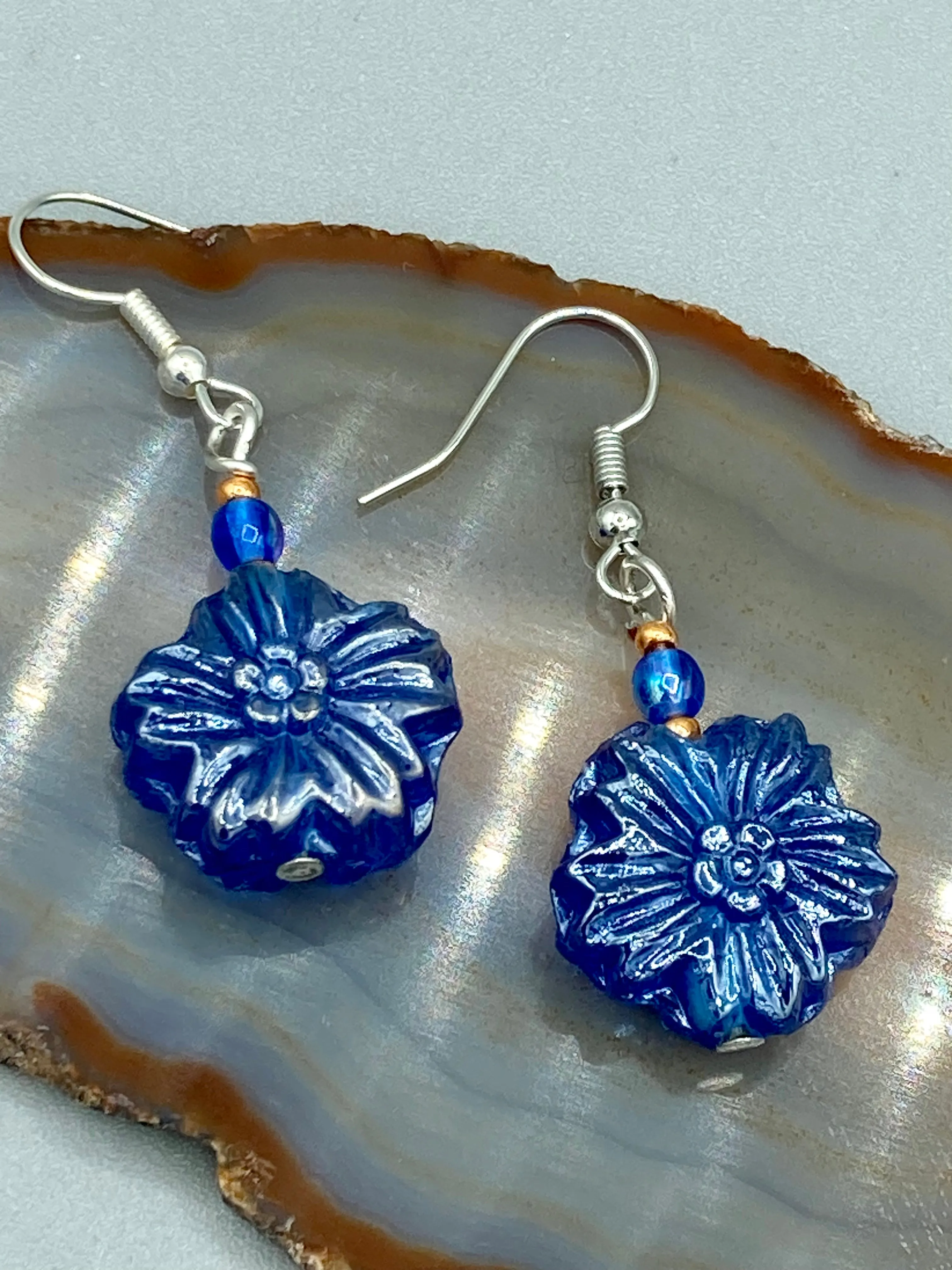Dark Blue Violet Floral Pressed Glass Beaded Earrings, Hippie Vibe, Shabby Chic, Boho Chic, Nature Inspired, Bohemian
