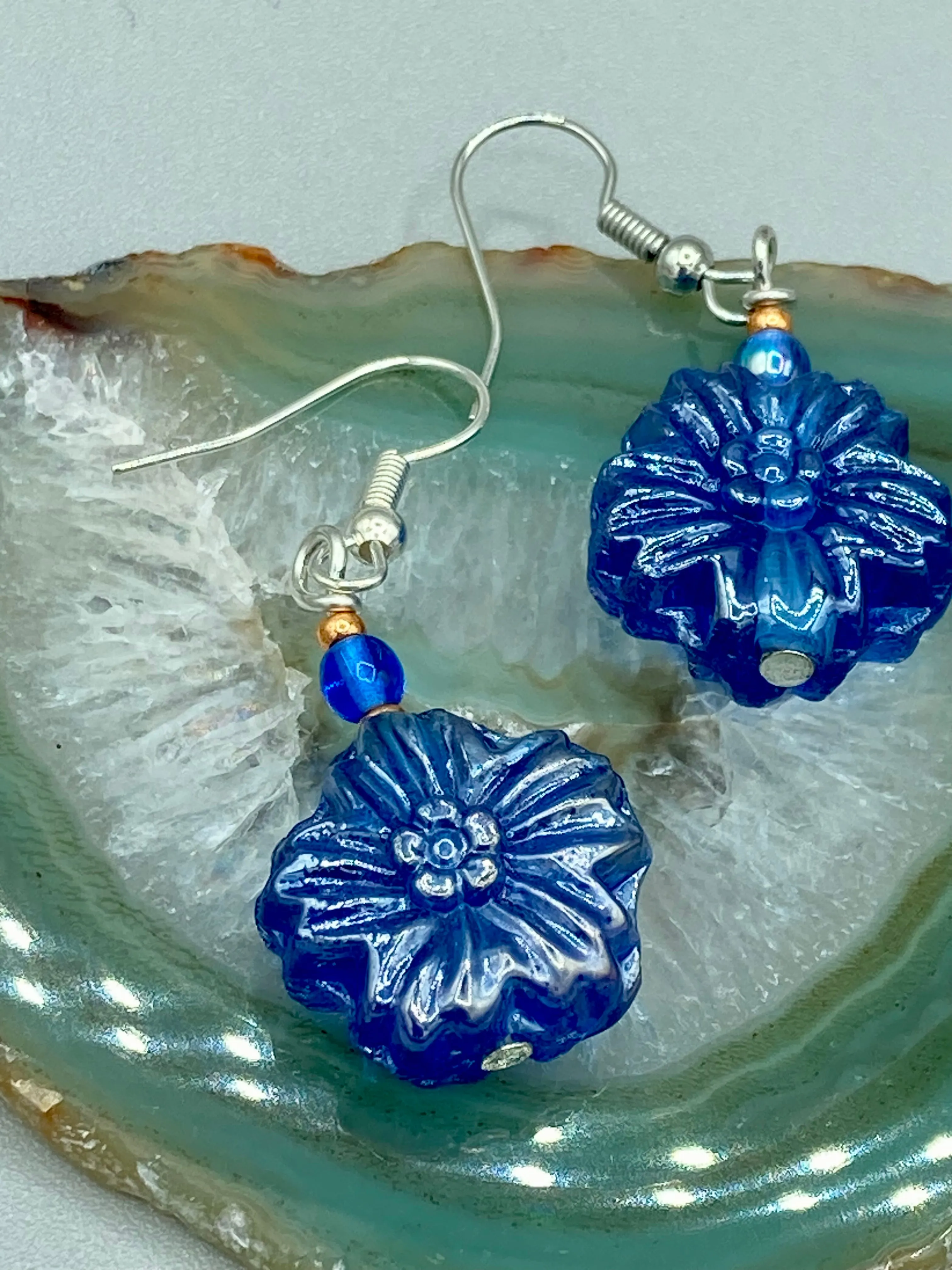 Dark Blue Violet Floral Pressed Glass Beaded Earrings, Hippie Vibe, Shabby Chic, Boho Chic, Nature Inspired, Bohemian