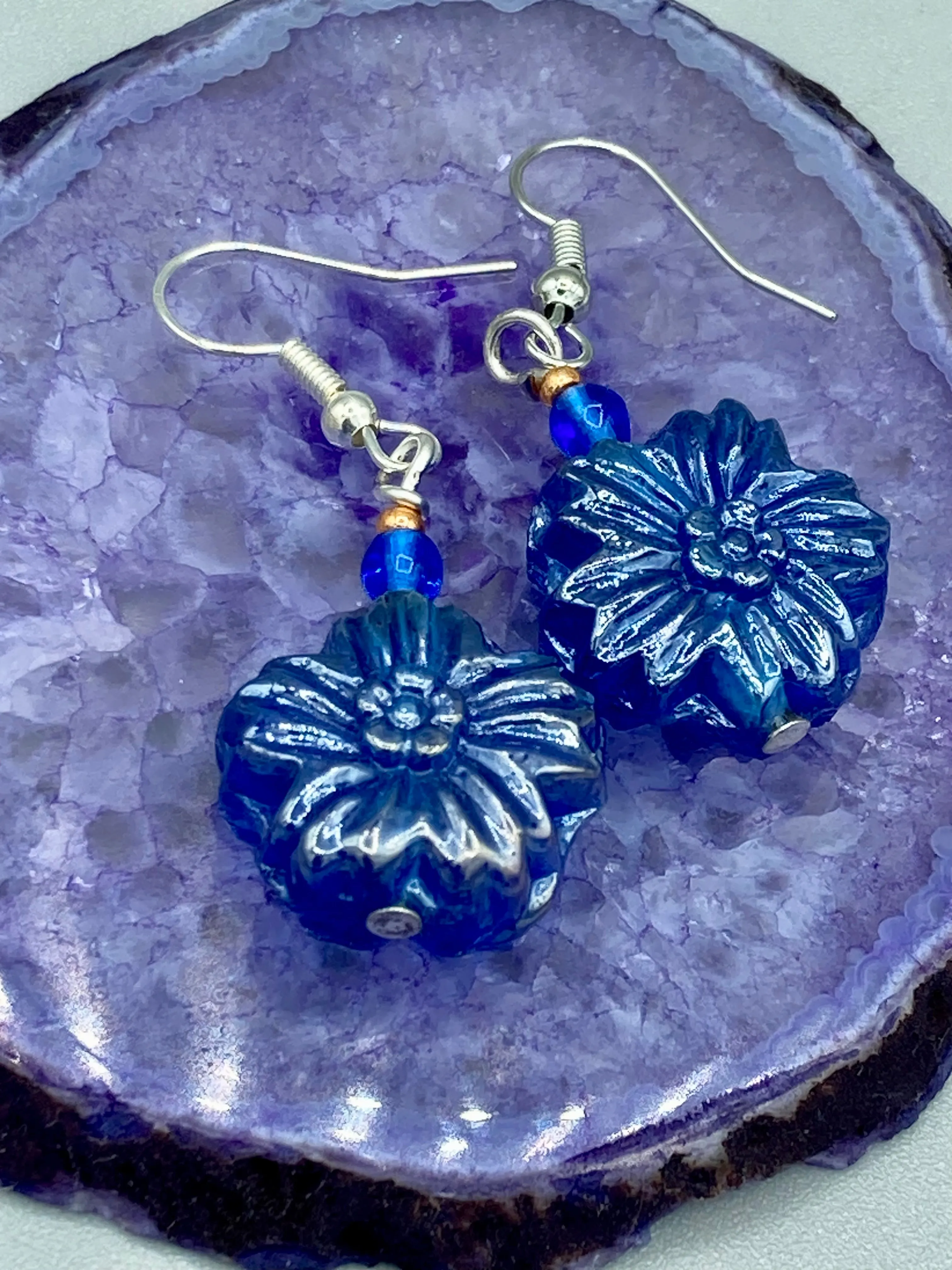 Dark Blue Violet Floral Pressed Glass Beaded Earrings, Hippie Vibe, Shabby Chic, Boho Chic, Nature Inspired, Bohemian