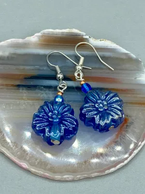 Dark Blue Violet Floral Pressed Glass Beaded Earrings, Hippie Vibe, Shabby Chic, Boho Chic, Nature Inspired, Bohemian