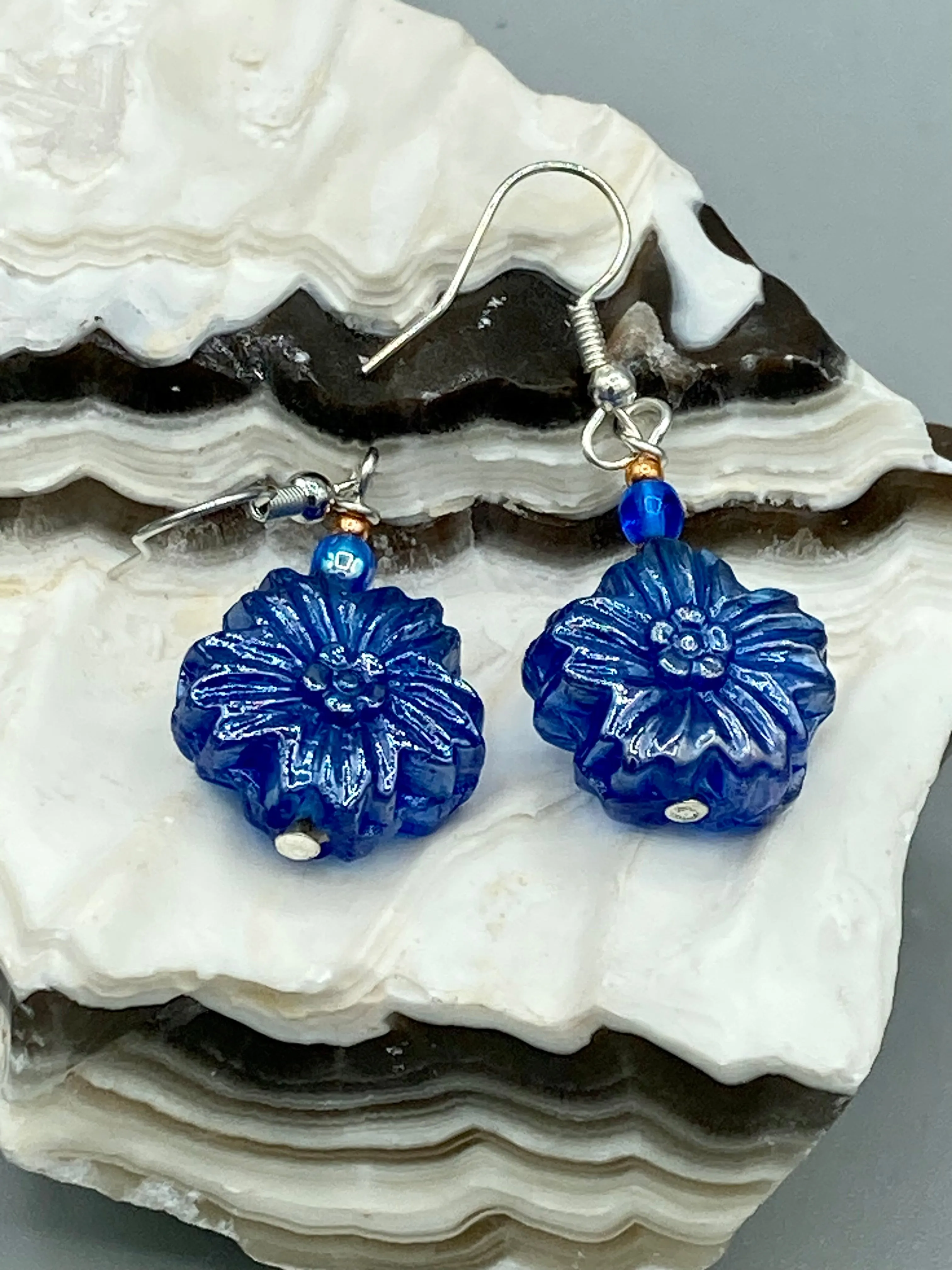 Dark Blue Violet Floral Pressed Glass Beaded Earrings, Hippie Vibe, Shabby Chic, Boho Chic, Nature Inspired, Bohemian