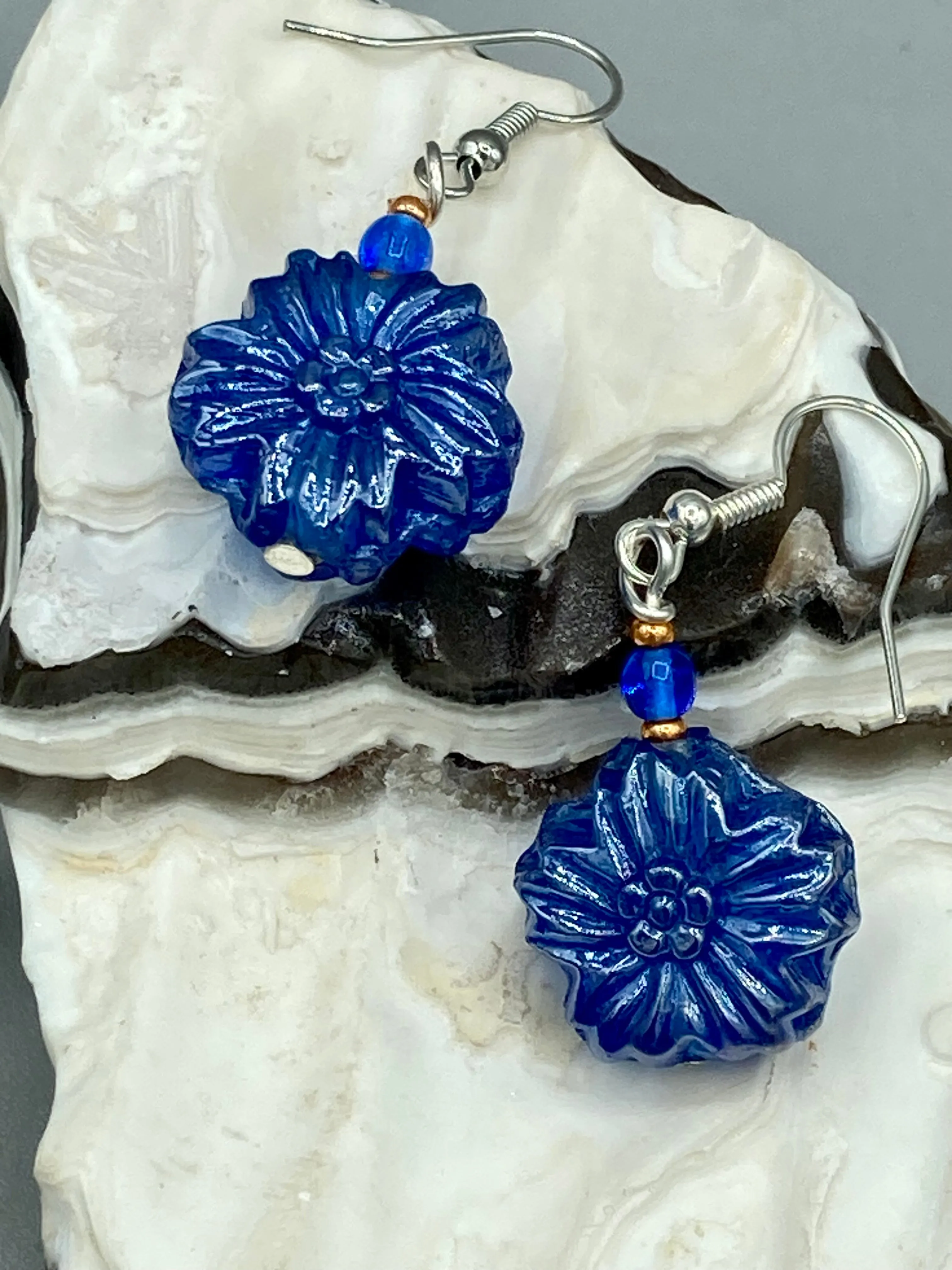 Dark Blue Violet Floral Pressed Glass Beaded Earrings, Hippie Vibe, Shabby Chic, Boho Chic, Nature Inspired, Bohemian