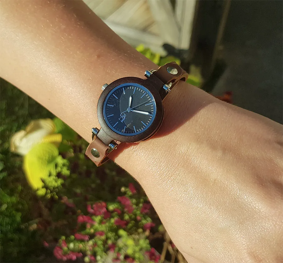 Dark Wooden Watches For Women with Premium Leather Strap
