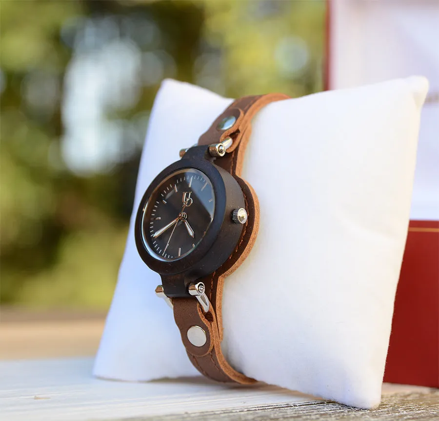 Dark Wooden Watches For Women with Premium Leather Strap