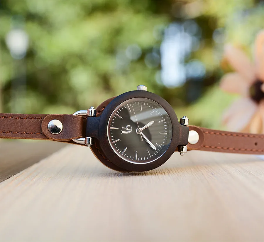 Dark Wooden Watches For Women with Premium Leather Strap