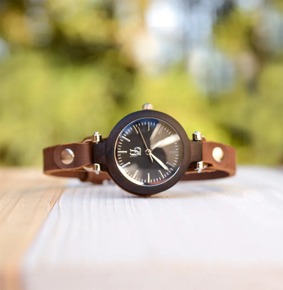 Dark Wooden Watches For Women with Premium Leather Strap
