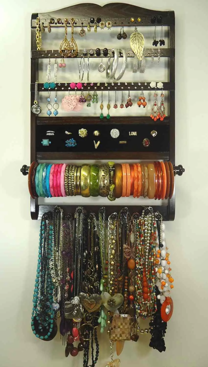 Deluxe Jewelry Organizer Cocoa Brown Oak, Earring Organizer, Necklace Bracelet Holder, Wall Hanging