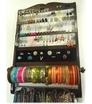 Deluxe Jewelry Organizer Cocoa Brown Oak, Earring Organizer, Necklace Bracelet Holder, Wall Hanging