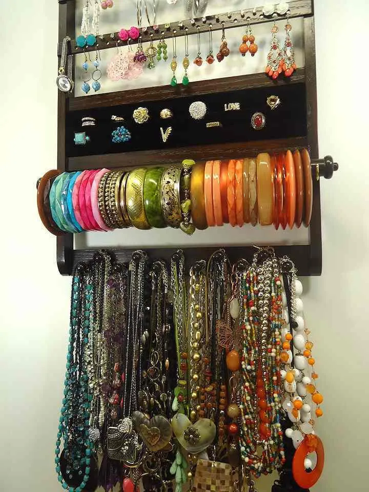 Deluxe Jewelry Organizer Cocoa Brown Oak, Earring Organizer, Necklace Bracelet Holder, Wall Hanging