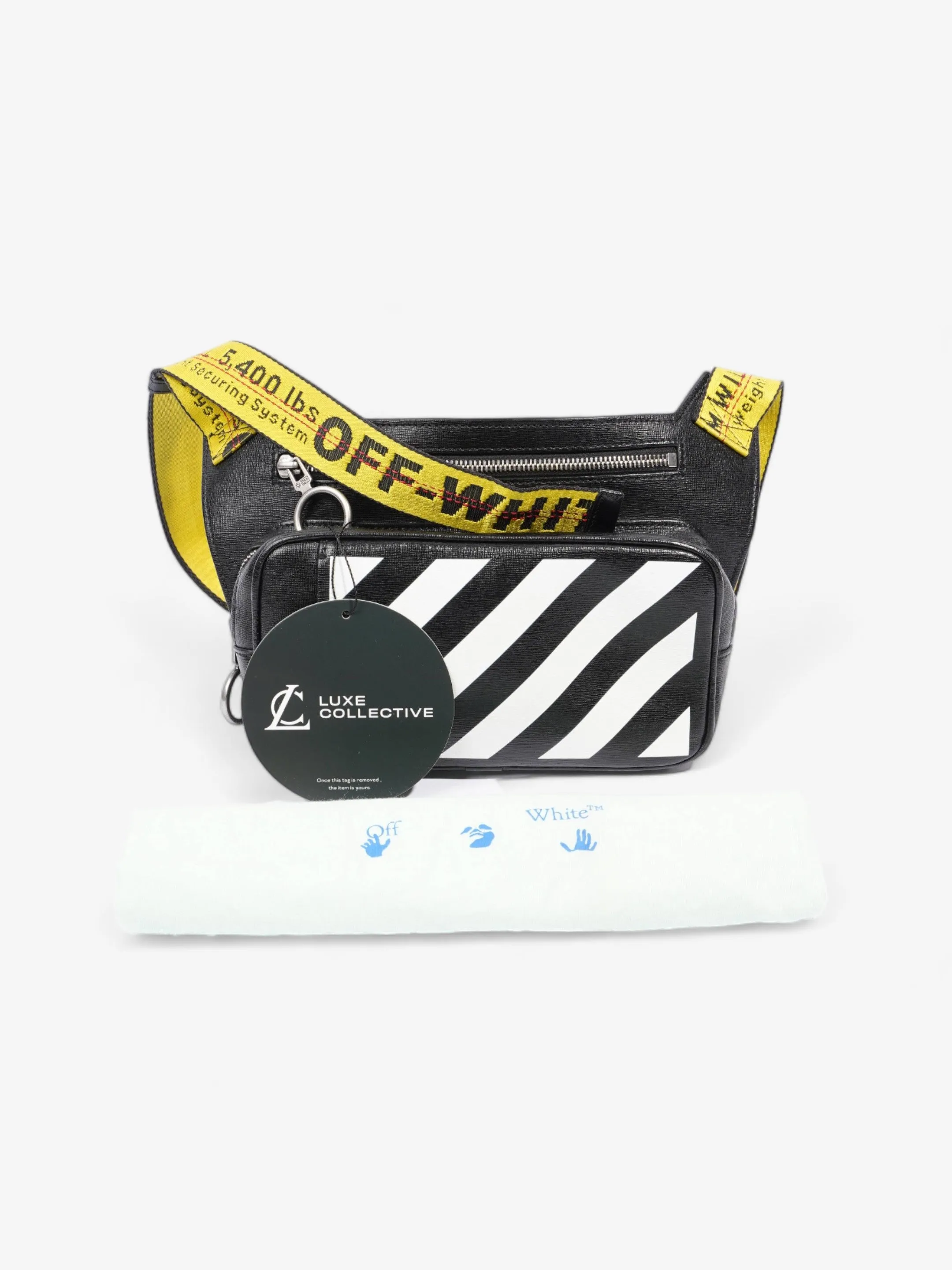 Diagonal Double Zip Black / White / Yellow Strap Leather