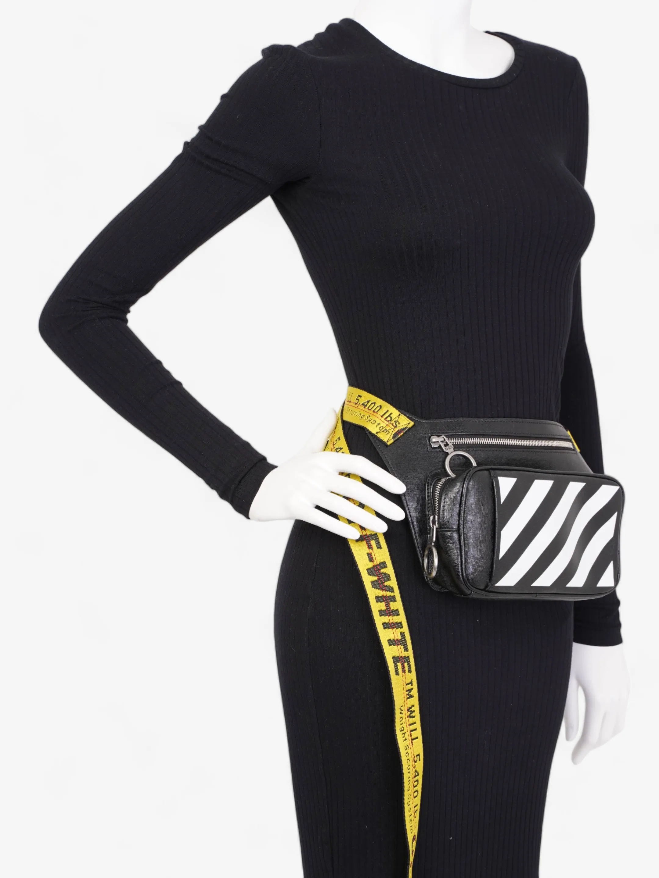 Diagonal Double Zip Black / White / Yellow Strap Leather