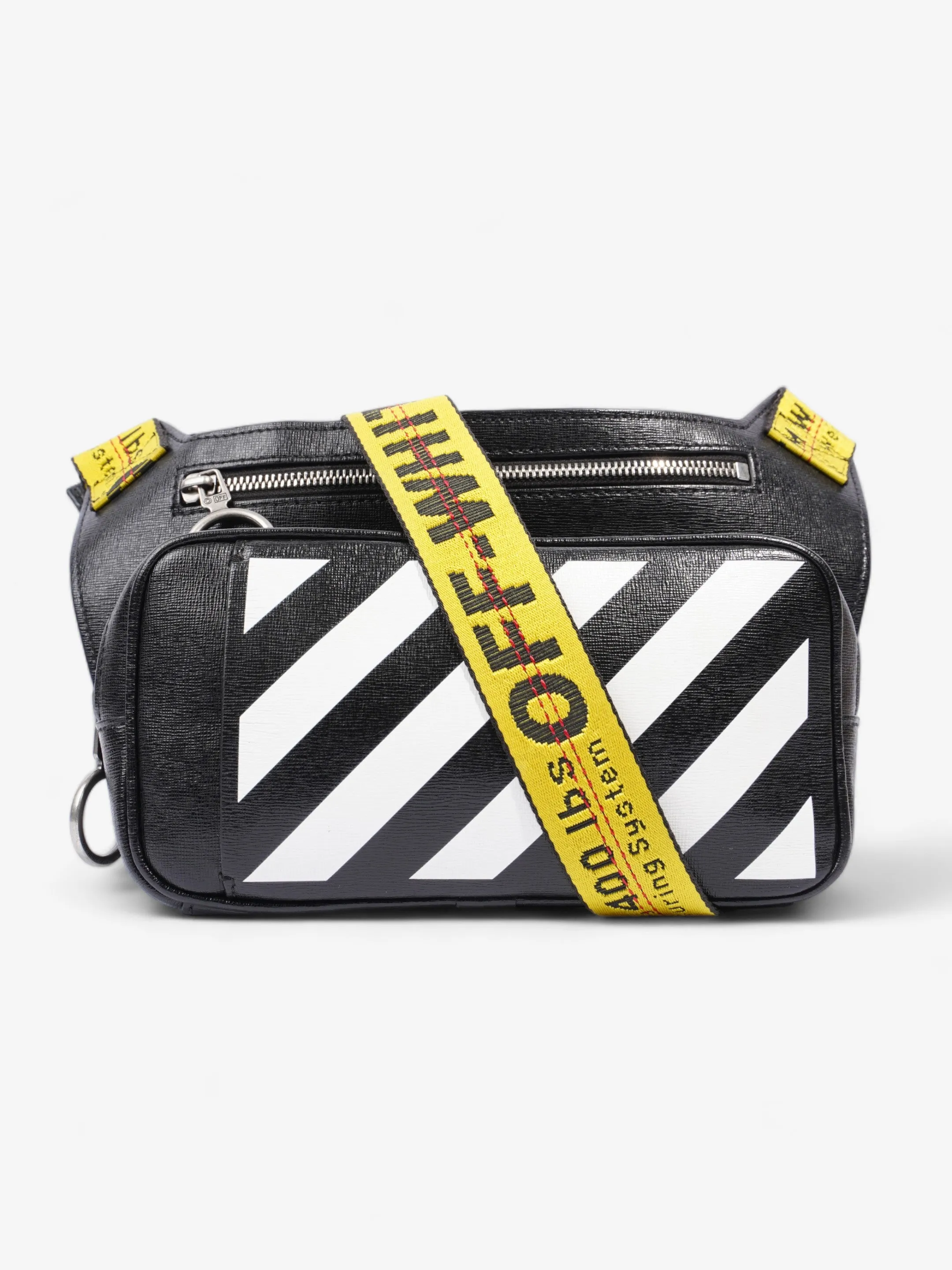 Diagonal Double Zip Black / White / Yellow Strap Leather
