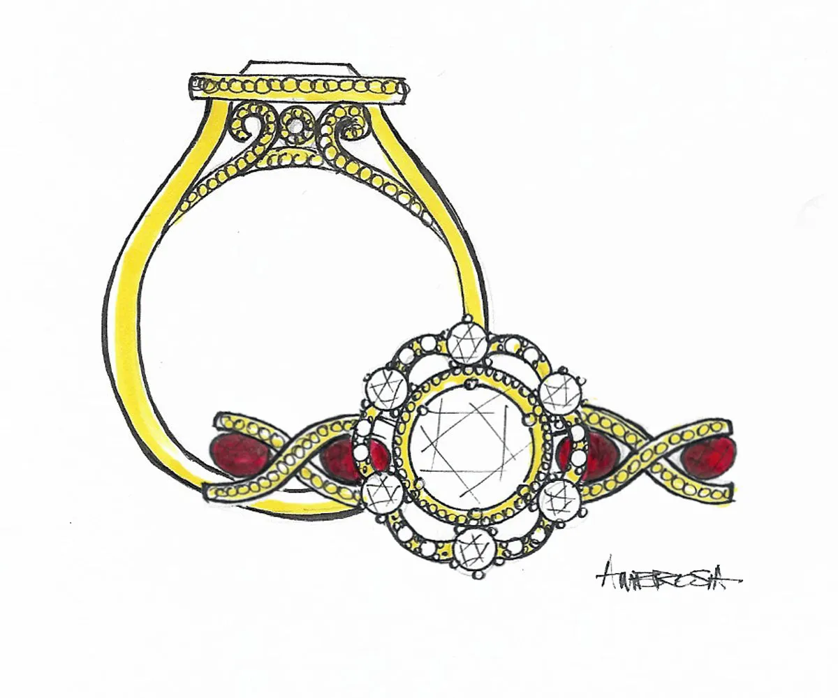 Diamond and Garnet Floral Custom Engagement Ring