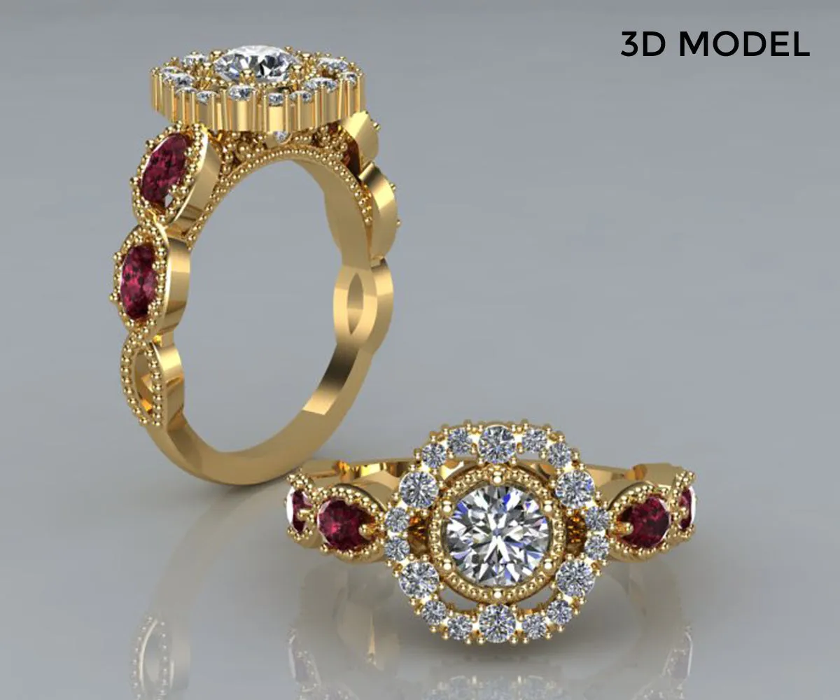 Diamond and Garnet Floral Custom Engagement Ring