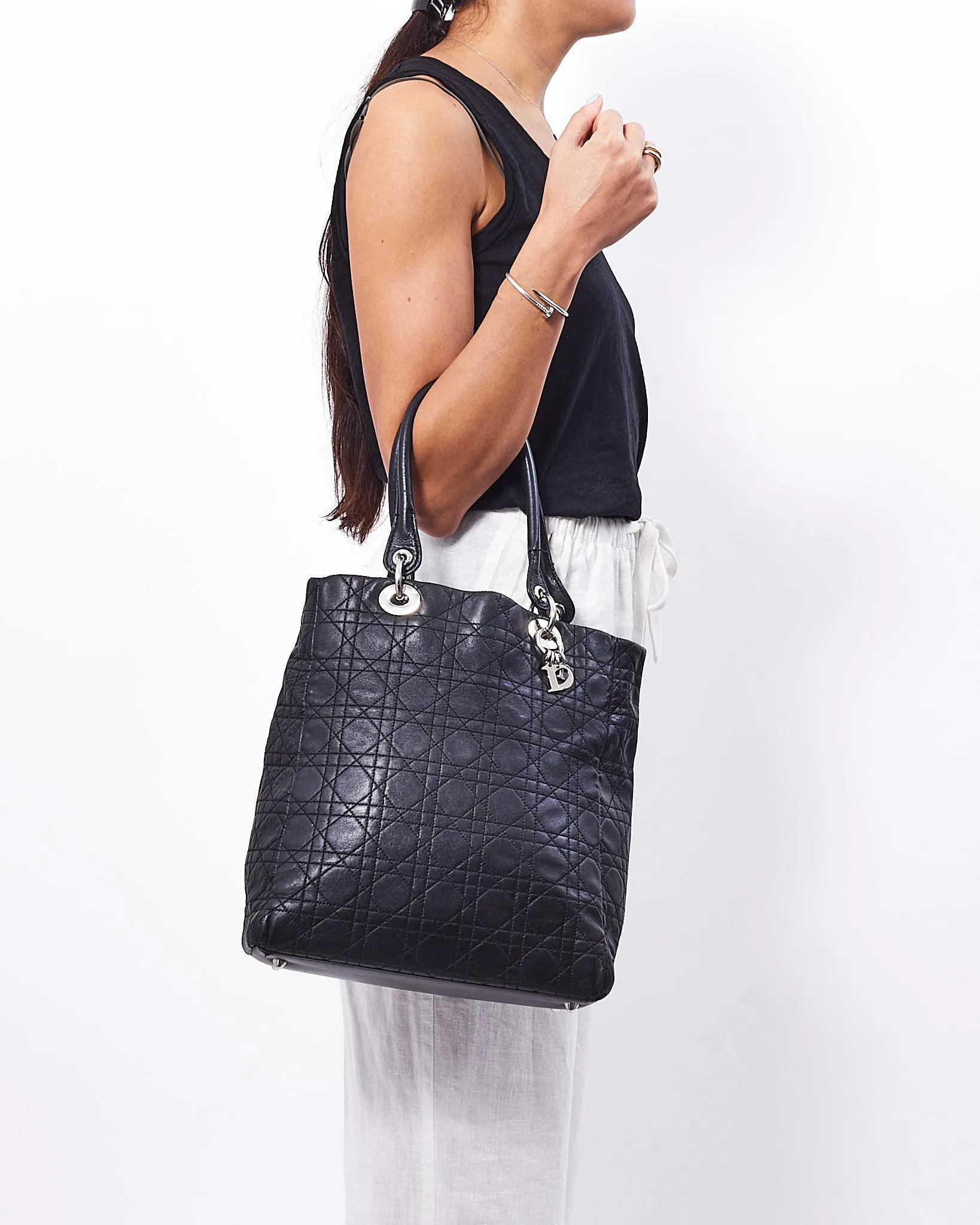 Dior Black Vintage Cannage Leather Tote Bag