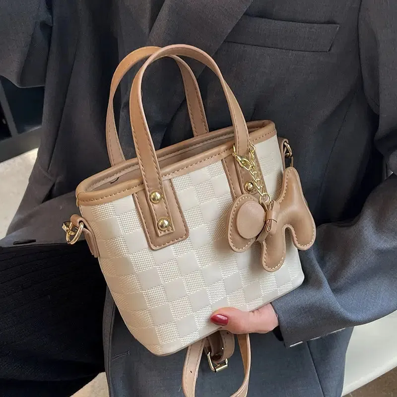 Dog Charm Checkered Bucket Bag