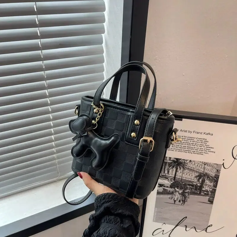 Dog Charm Checkered Bucket Bag