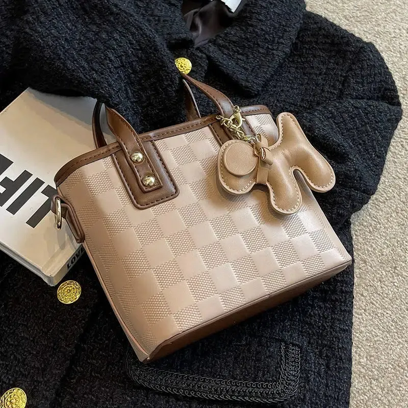 Dog Charm Checkered Bucket Bag