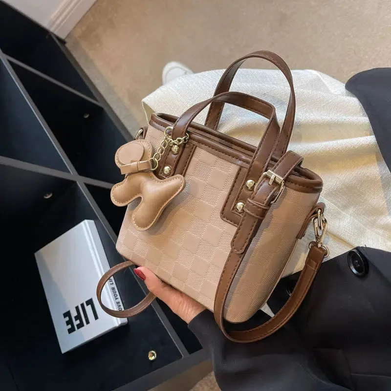 Dog Charm Checkered Bucket Bag