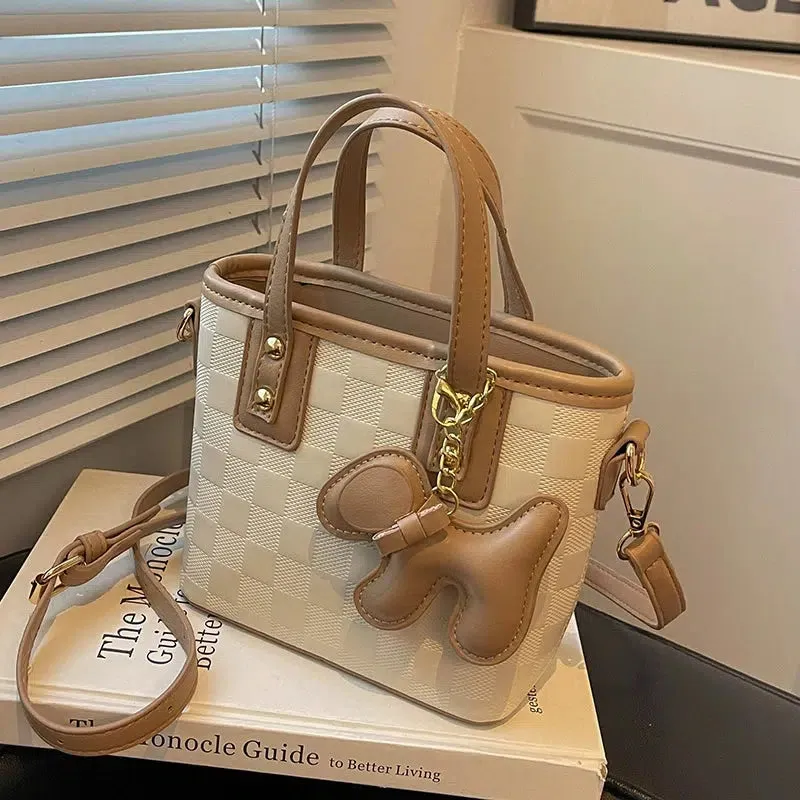 Dog Charm Checkered Bucket Bag