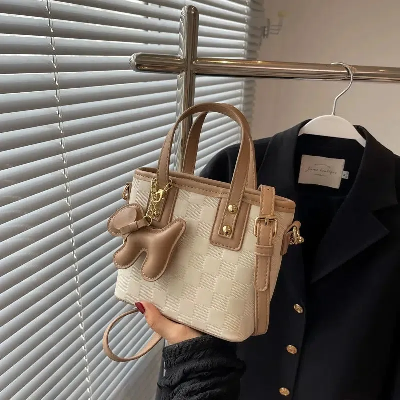 Dog Charm Checkered Bucket Bag