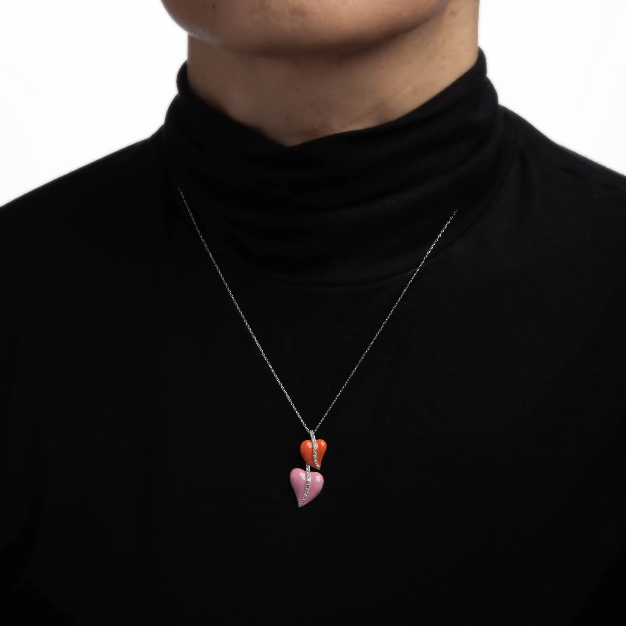 Double Heart Enamel Necklace Diamond Estate 18k White Gold 18" Jewelry Pink
