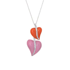Double Heart Enamel Necklace Diamond Estate 18k White Gold 18" Jewelry Pink