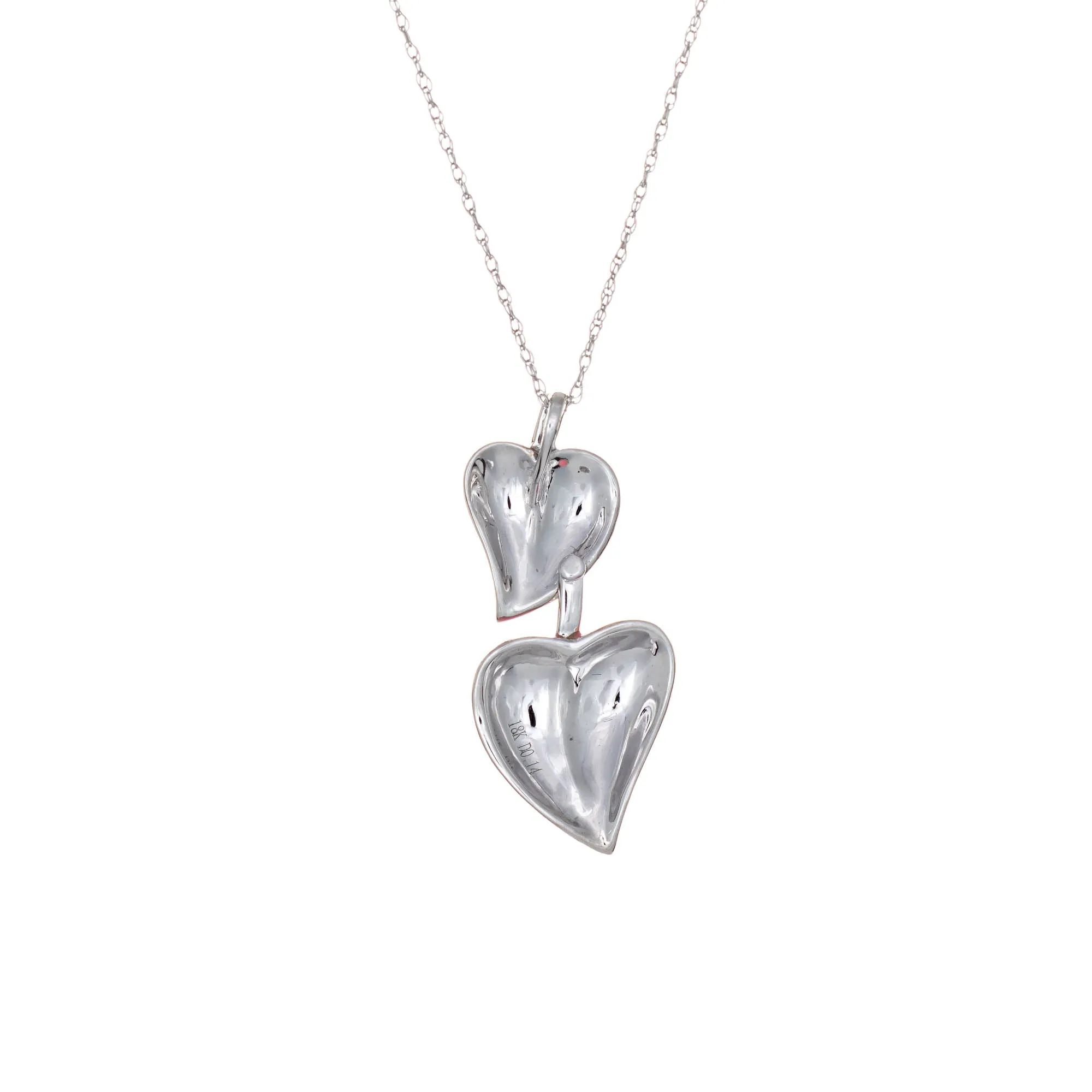 Double Heart Enamel Necklace Diamond Estate 18k White Gold 18" Jewelry Pink