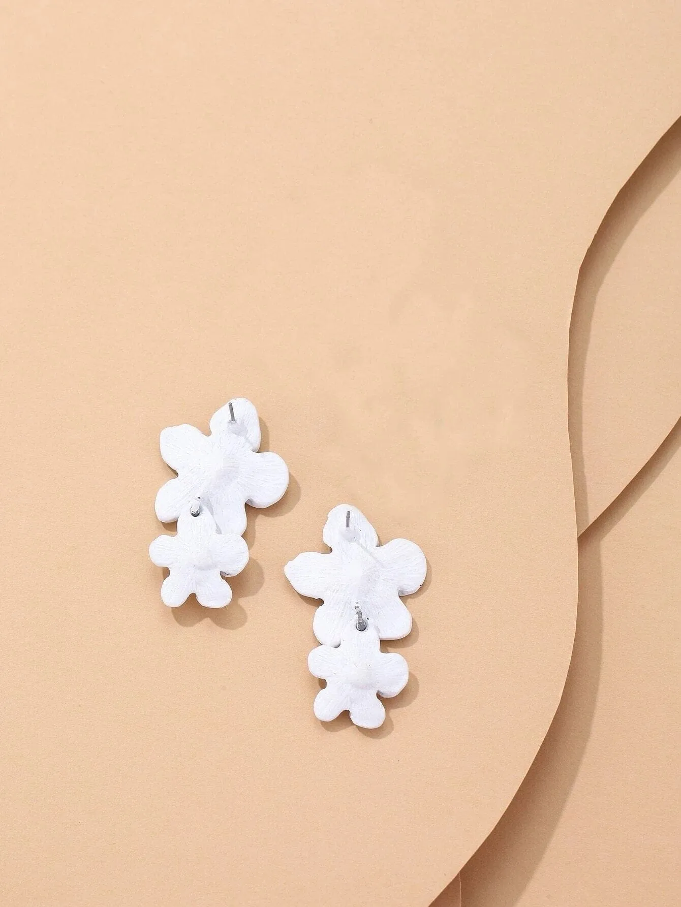 Double White Flower Earrings, Wedding Floral Dangle Studs, Bridal Flower Dangle Stud Earrings