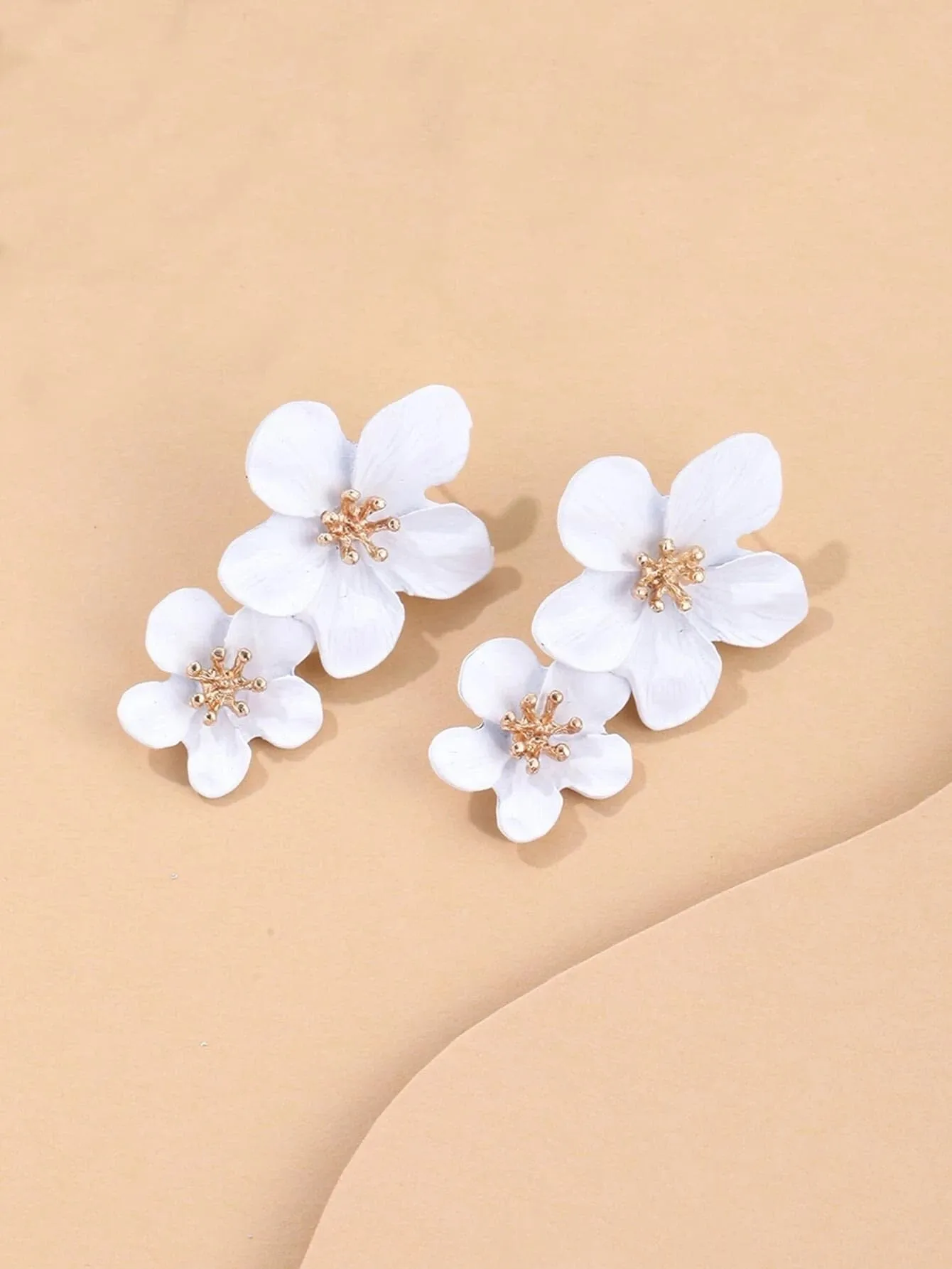 Double White Flower Earrings, Wedding Floral Dangle Studs, Bridal Flower Dangle Stud Earrings