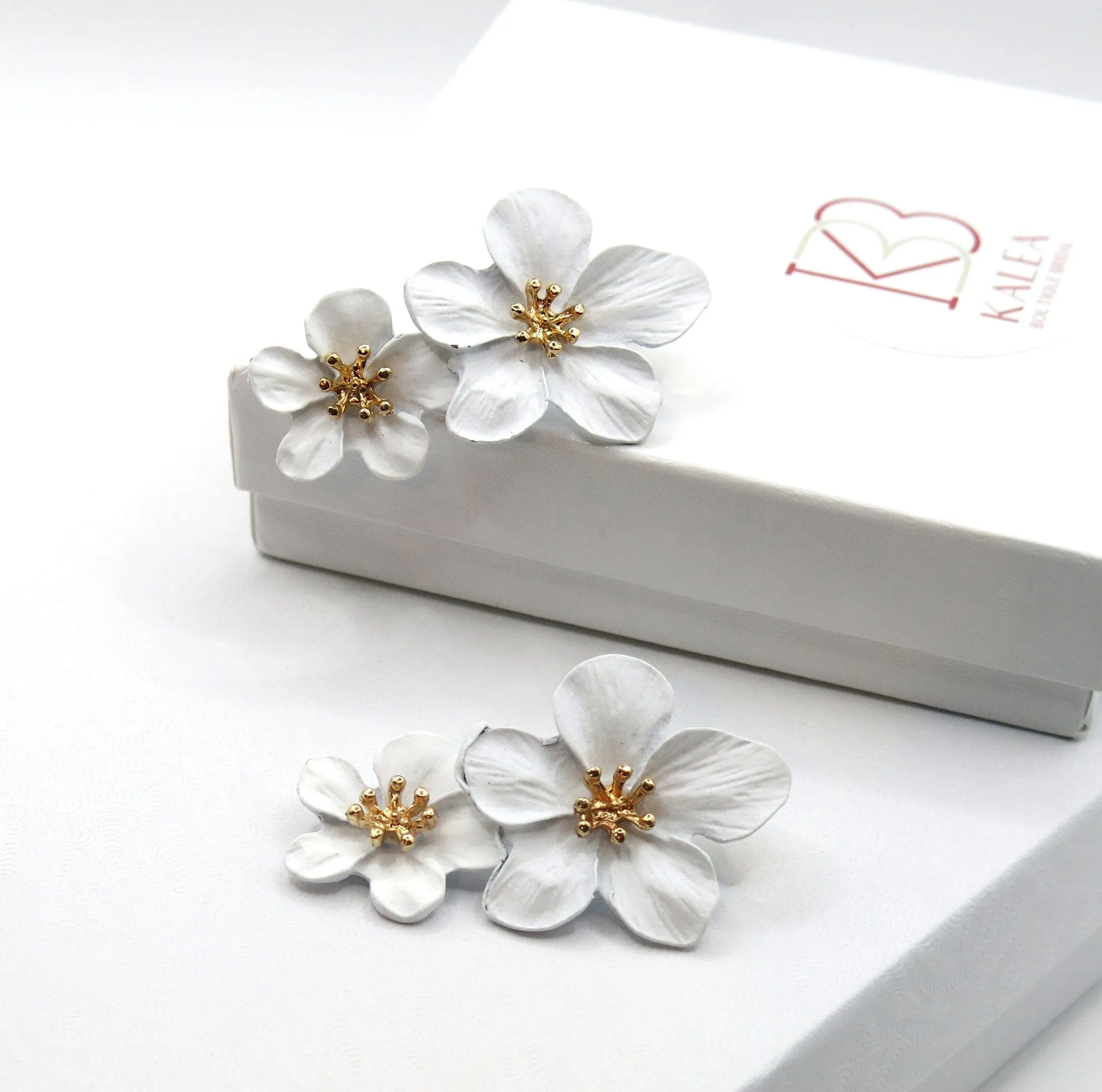 Double White Flower Earrings, Wedding Floral Dangle Studs, Bridal Flower Dangle Stud Earrings