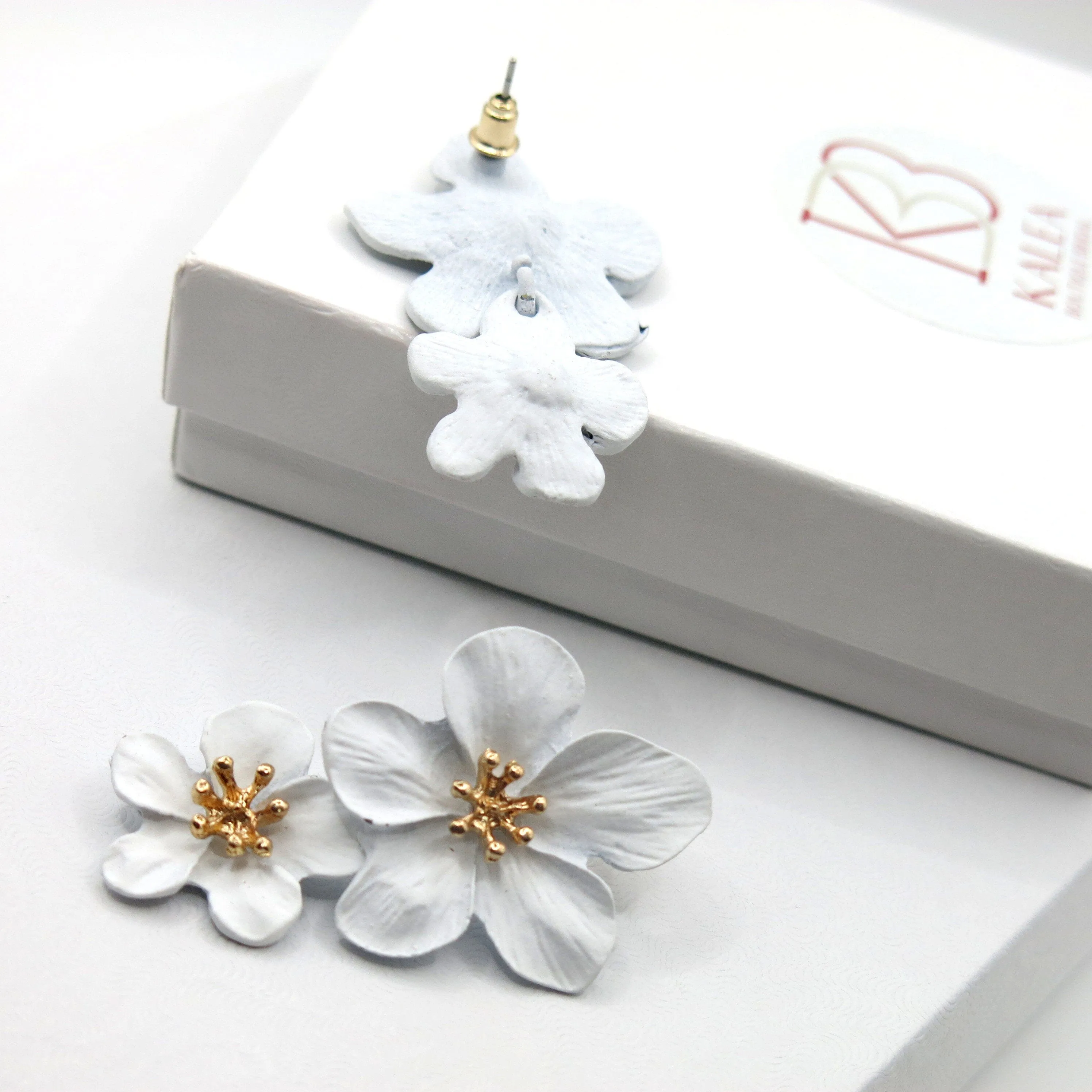 Double White Flower Earrings, Wedding Floral Dangle Studs, Bridal Flower Dangle Stud Earrings