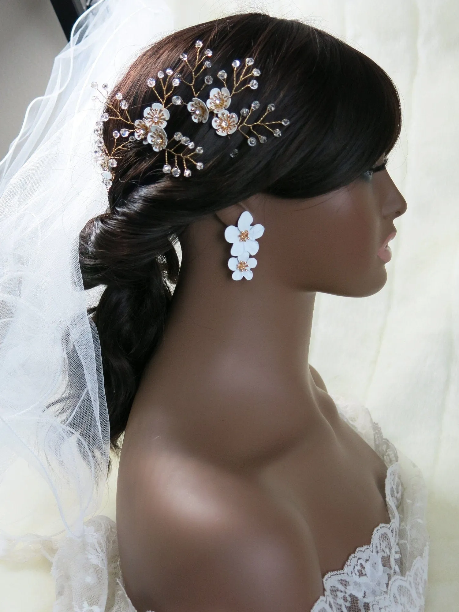 Double White Flower Earrings, Wedding Floral Dangle Studs, Bridal Flower Dangle Stud Earrings