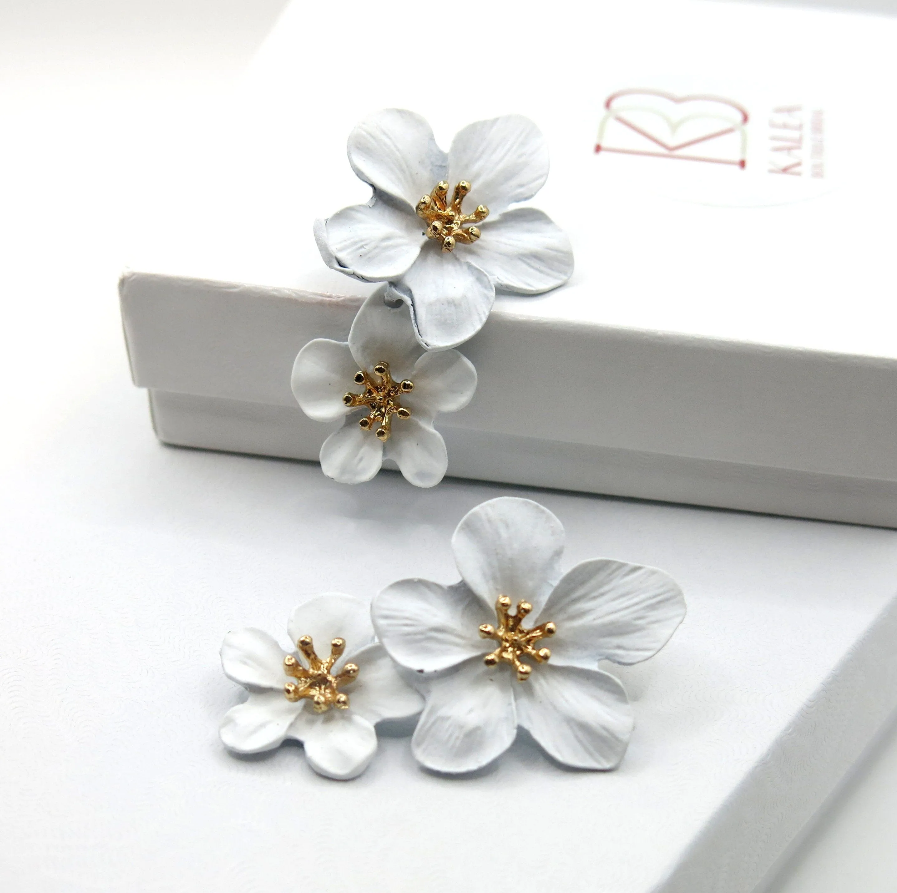 Double White Flower Earrings, Wedding Floral Dangle Studs, Bridal Flower Dangle Stud Earrings