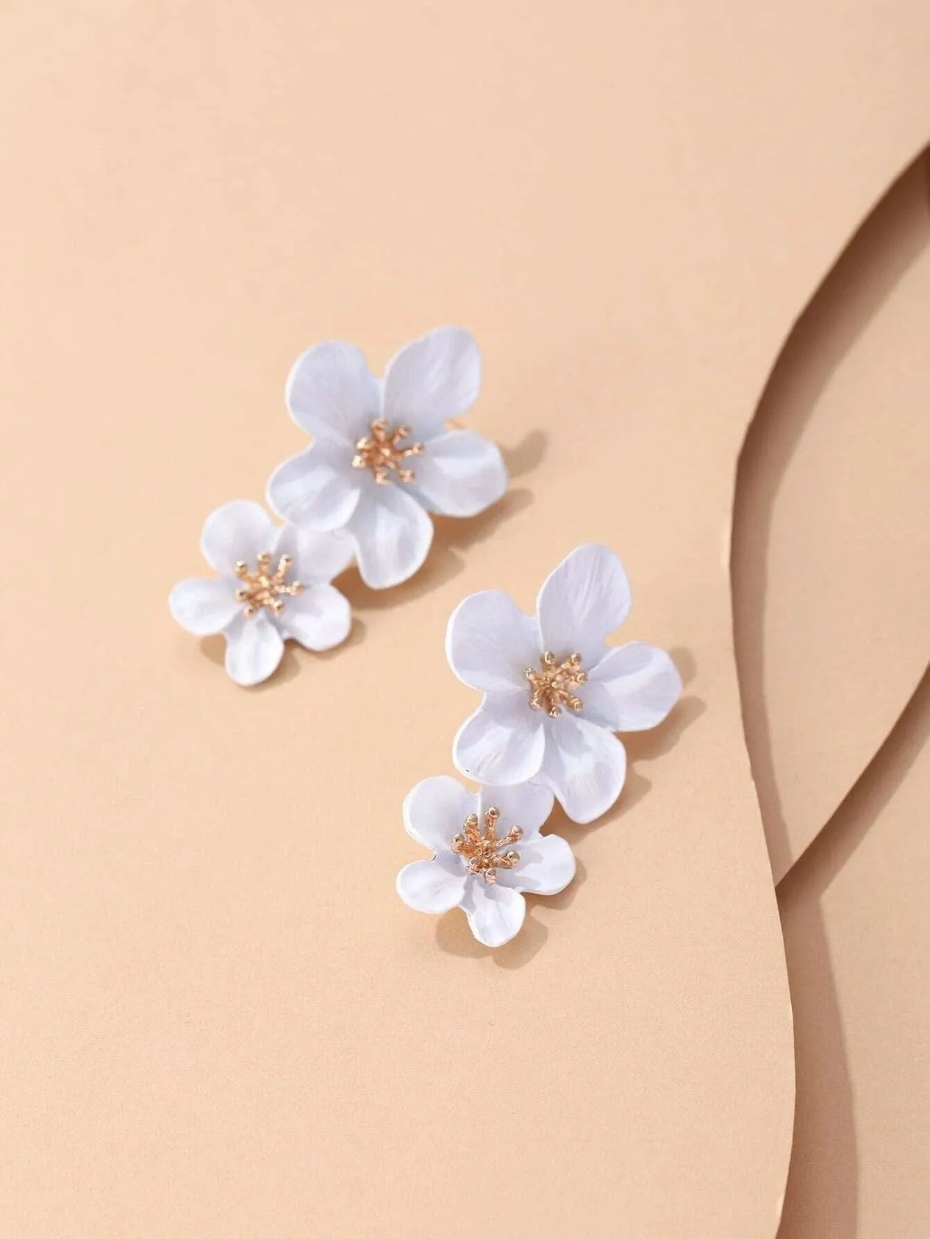 Double White Flower Earrings, Wedding Floral Dangle Studs, Bridal Flower Dangle Stud Earrings