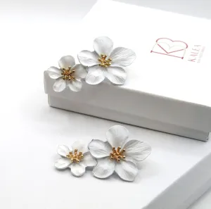 Double White Flower Earrings, Wedding Floral Dangle Studs, Bridal Flower Dangle Stud Earrings