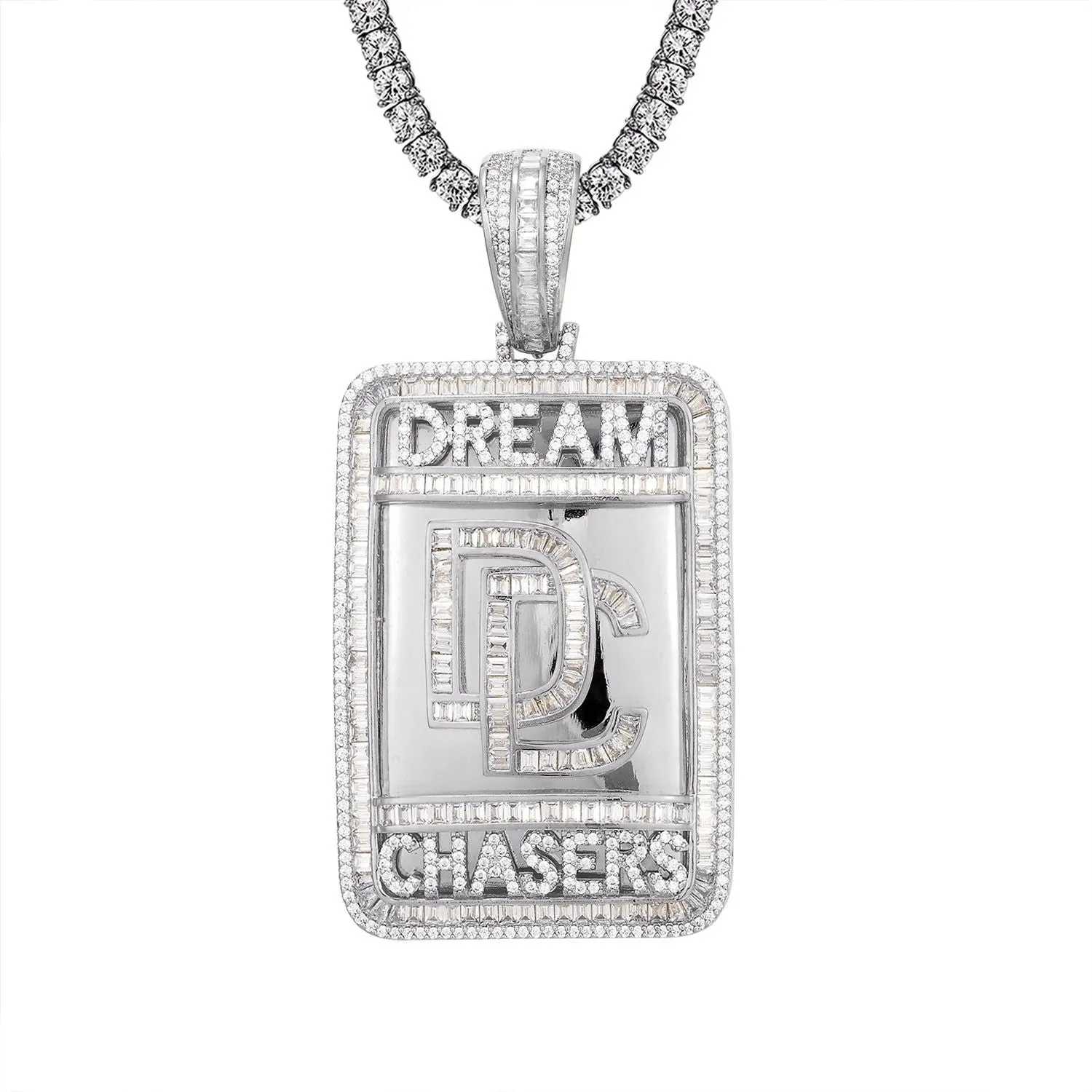 Dream Chasers Dog tag Sterling Silver Baguette Icy Pendant