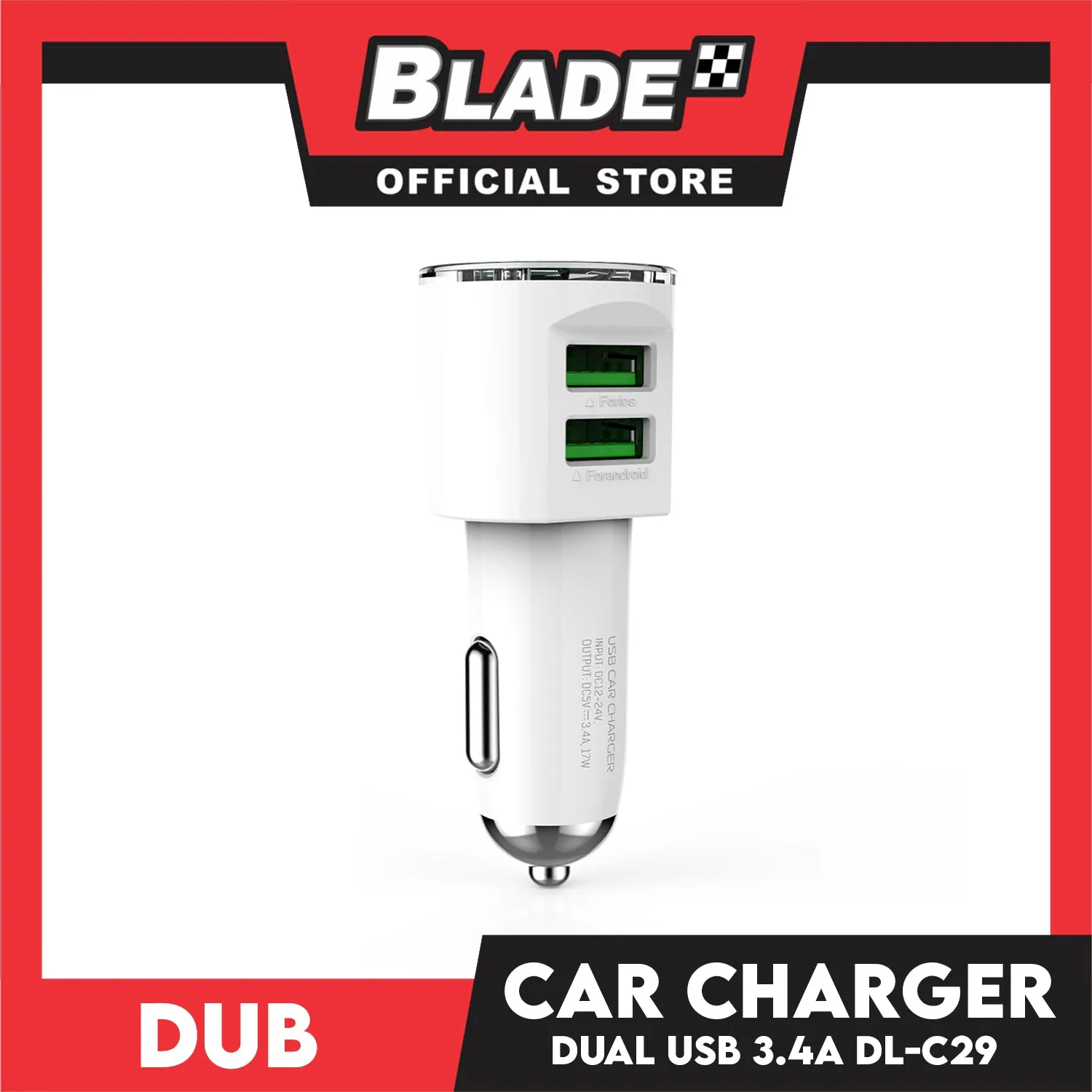Dub Car Charger Dual USB 3.4A Auto-ID DL-C29 (White) for iOS and Android Supports