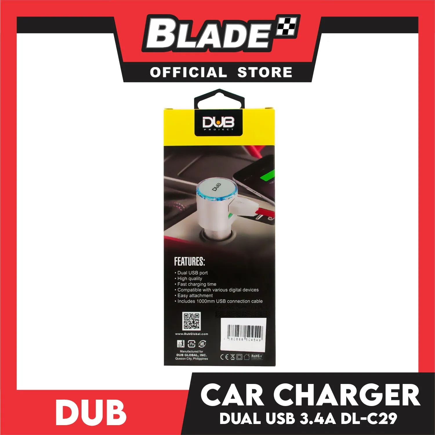 Dub Car Charger Dual USB 3.4A Auto-ID DL-C29 (White) for iOS and Android Supports
