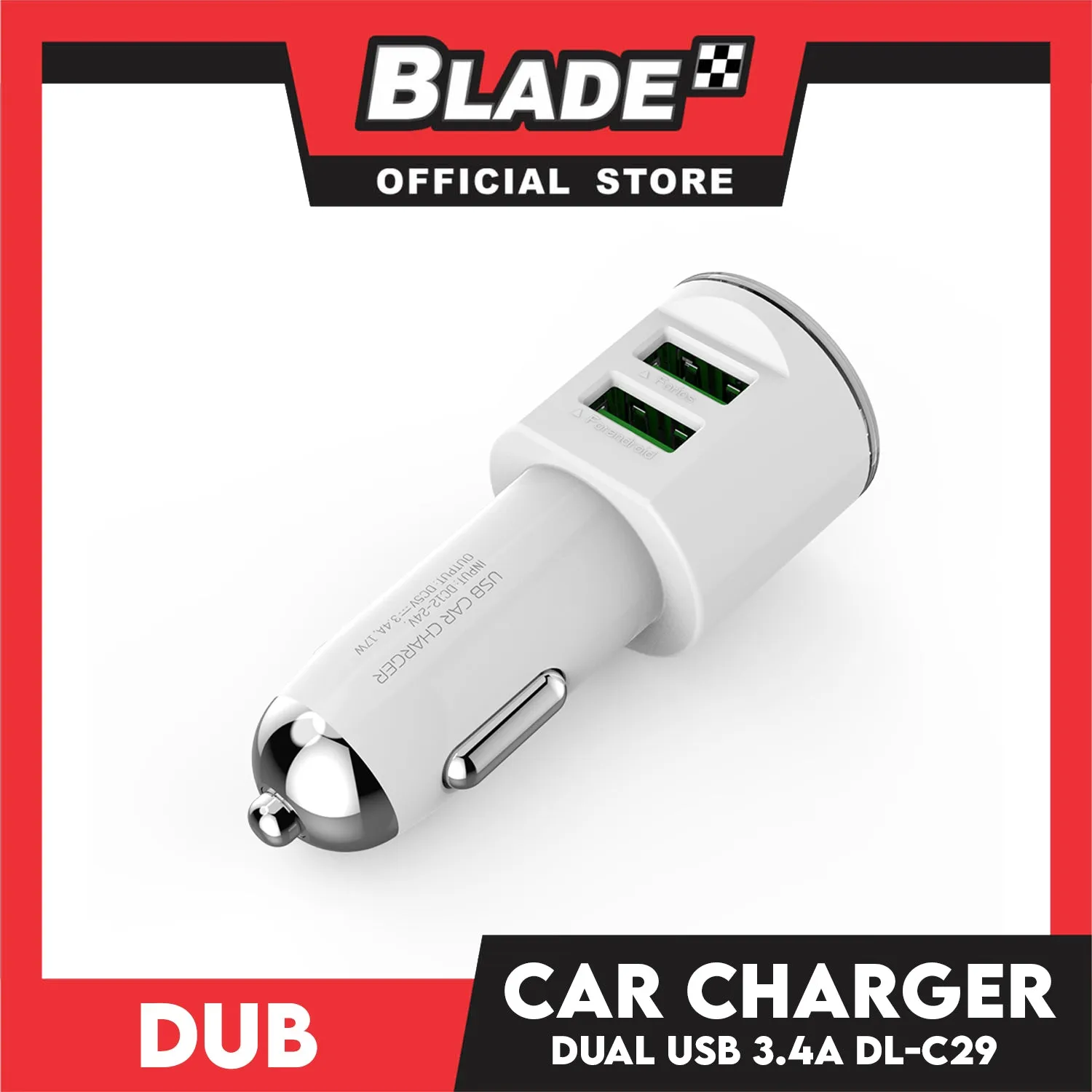 Dub Car Charger Dual USB 3.4A Auto-ID DL-C29 (White) for iOS and Android Supports