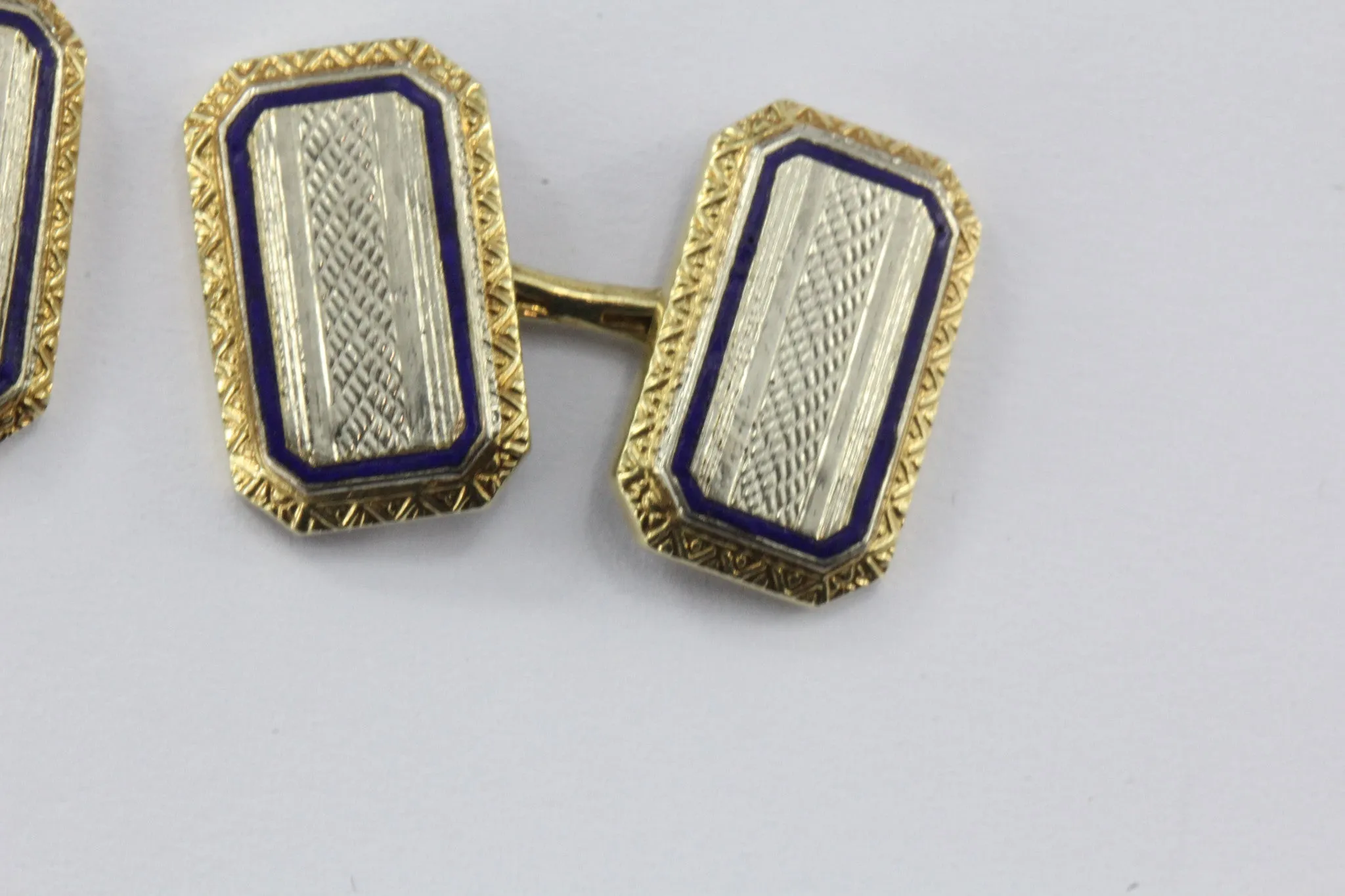 Ehrlich & Sinnock 14k Gold & Platinum Top Blue Enamel Cuff Links