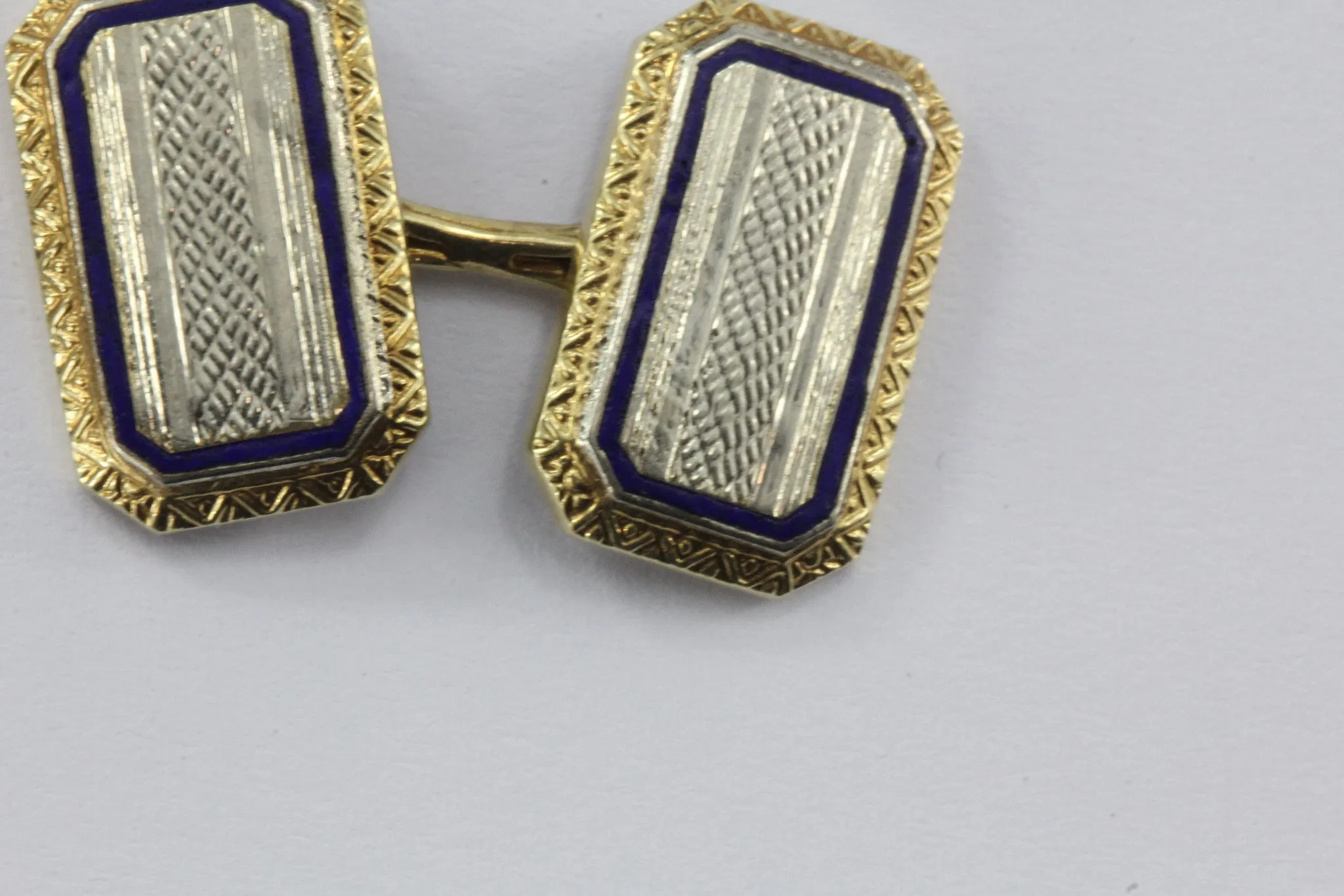 Ehrlich & Sinnock 14k Gold & Platinum Top Blue Enamel Cuff Links