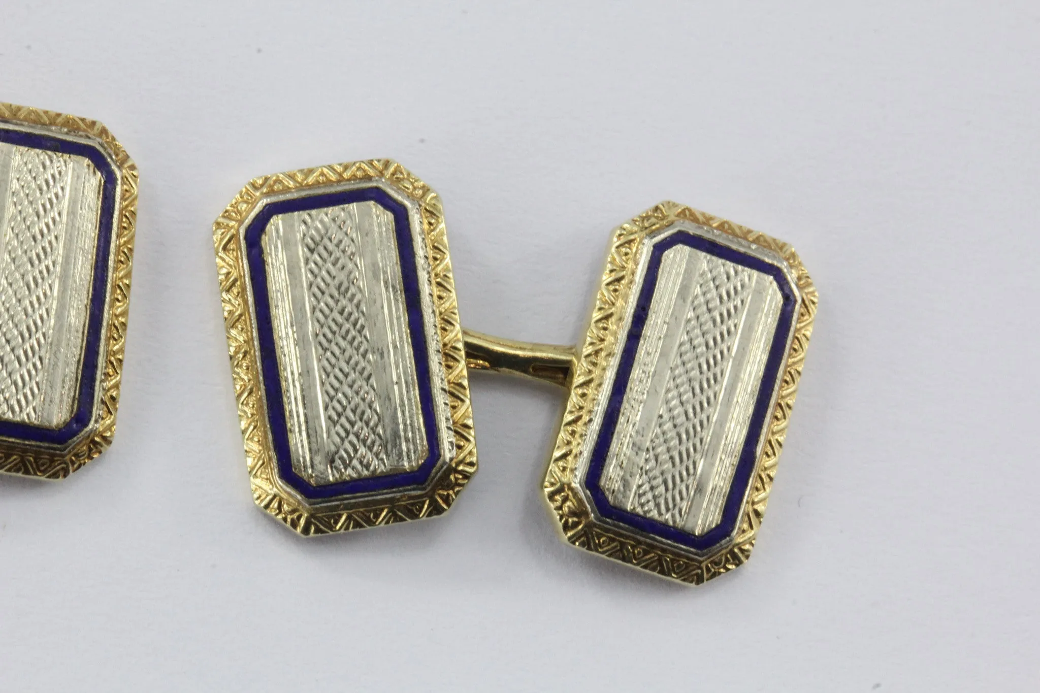 Ehrlich & Sinnock 14k Gold & Platinum Top Blue Enamel Cuff Links