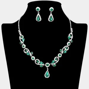Emerald Teardrop and Rhinestone Floral Pageant Necklace Set | Special Event Jewelry | 632033