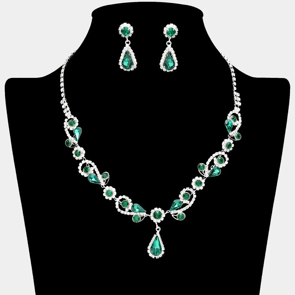 Emerald Teardrop and Rhinestone Floral Pageant Necklace Set | Special Event Jewelry | 632033