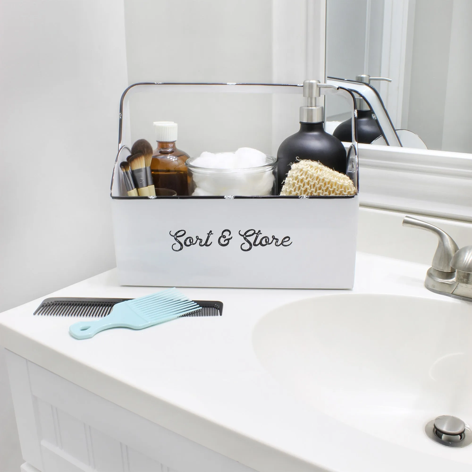 Enamelware Rustic Caddy with Handle (White, Case of 9)