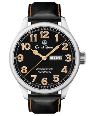 Ernst Benz Chronosport Orange Numerals Black Leather Band 47mm Men's Automatic Watch GC10216