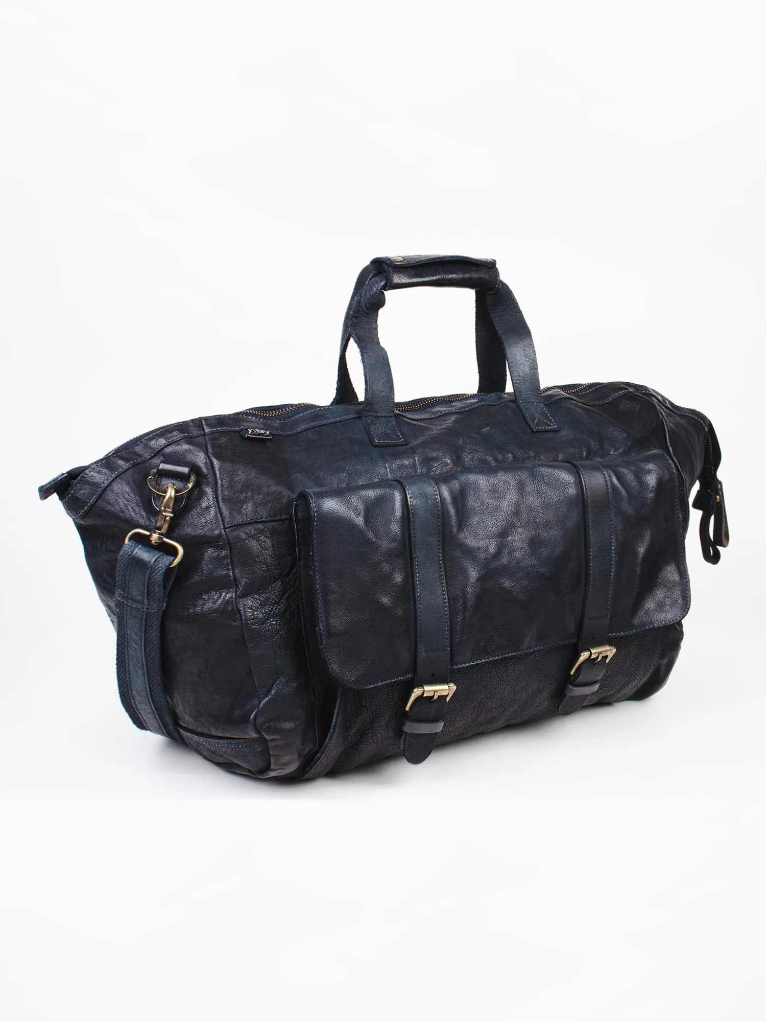 Ethan: Navy Weekender Bag In Washed Leather For Travel by art n vintage